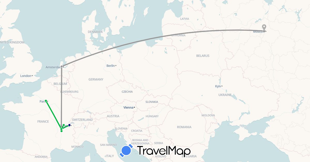 TravelMap itinerary: driving, bus, plane in Switzerland, France, Netherlands, Russia (Europe)