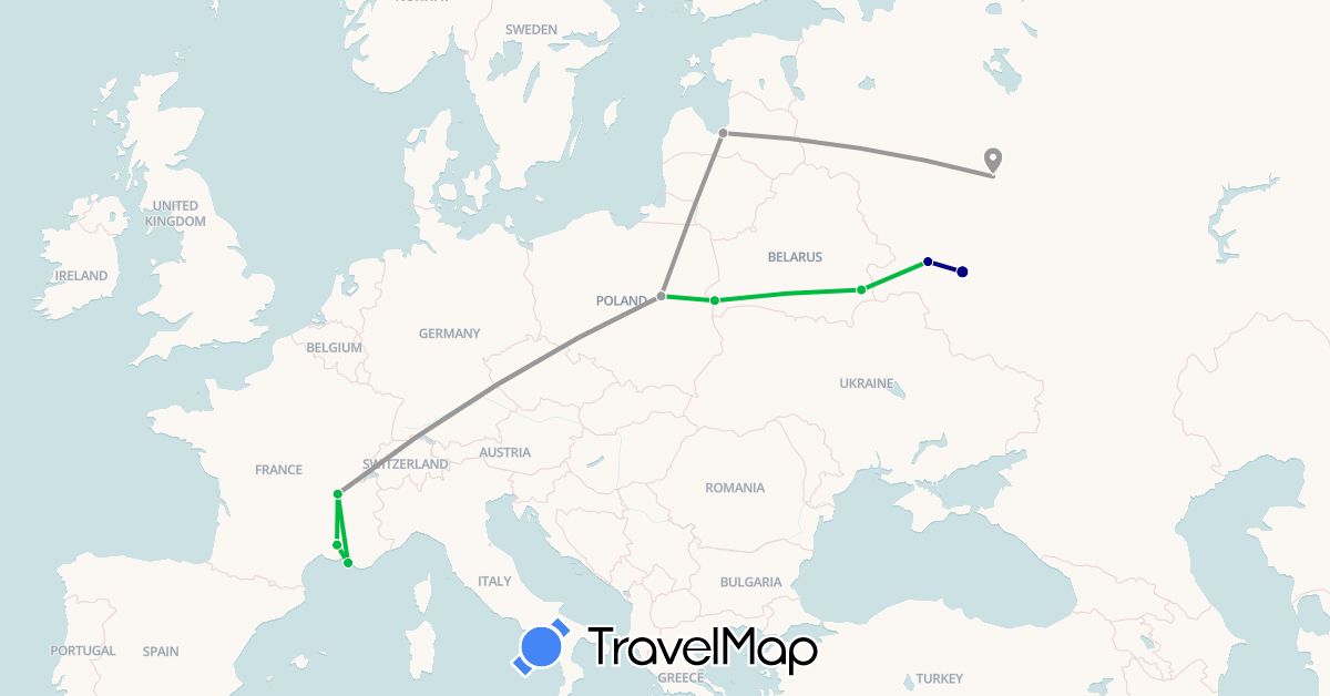 TravelMap itinerary: driving, bus, plane in Belarus, France, Latvia, Poland, Russia (Europe)